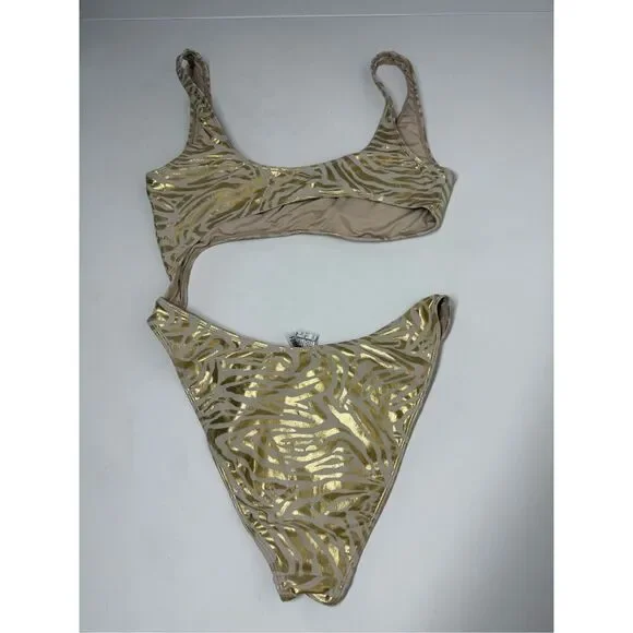 Forever 21 Gold Zebra One Piece Swimsuit Open Middle High Cut Bottom Size XL - Picture 9 of 14